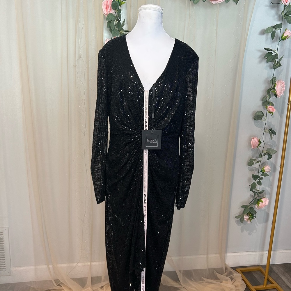 Mac Duggal Black Sequin Long Sleeve V-Neck Dress - Picture 4 of 8
